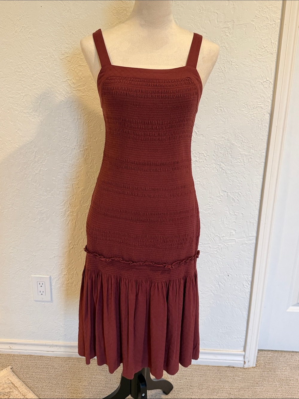 Anthropologie Sleeveless Square-Neck Knit Midi Dress in Burgundy